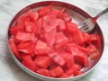 Sliced Watermelon in plate , watermelon cubes , watermelon pieces , summer fruit of India ,tarbooj