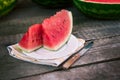 Sliced watermelon on plate with knife Royalty Free Stock Photo