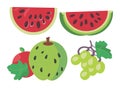 Sliced watermelon, whole apple, guava, and bunch of grapes arranged. Fresh summer fruits collection. Delicious fruit set