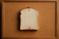 Sliced white bread pinned on a cork board with red push pins for a creative display idea Royalty Free Stock Photo