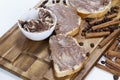 sliced white bread with smeared chocolate butter Royalty Free Stock Photo