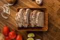 Sliced white bread with wheat flour on a wooden table. Chamado PÃÂ£o de forma Royalty Free Stock Photo