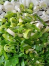 SLICED WHITE AND GREEN LEEKS ON A CUTTING BOARD. Royalty Free Stock Photo