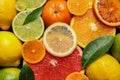 Sliced and whole citrus fruits with leaves as background Royalty Free Stock Photo