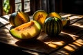 sliced and whole musk melon on table