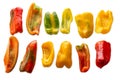 Sliced yellow green and red raw peppers Royalty Free Stock Photo