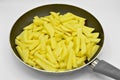 Sliced yellow potatoes in pan to make frying.