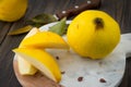 Sliced yellow quince or queen apple autumn fruits with seeds Royalty Free Stock Photo