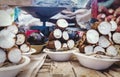 Sliced yuca roots or manihot esculenta in plates on a local market in Merida, Yucatan, Mexico