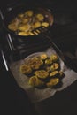 Sliced zucchini cooked in oil in a pan. fried pumpkin recipe Royalty Free Stock Photo