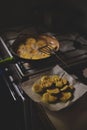 Sliced zucchini cooked in oil in a pan. fried pumpkin recipe Royalty Free Stock Photo