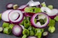 Slices of allum purple and green salad spring onions, scallions, macro.