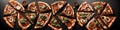 Pizzeria background. Slices of appetizing pizzas spread out on a table seen from above. Generative AI