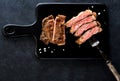 Slices beef Steak Ribeye on a black cutting board and meat fork