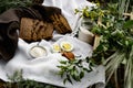 Slices of black bread and a boiled chicken egg on a white towel on the green grass. Picnic in nature with simple food