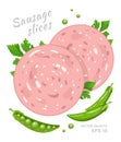 Slices of boiled sausage with fresh parsley and green sweet pea isolated