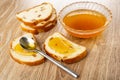 Slices of bread, bowl with honey, spoon, sandwiches from bread with raisin and honey on wooden table