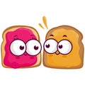 Slices of bread characters with peanut butter and jelly. Cute peanut butter and jelly sandwiches. Vector Illustration