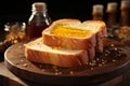 Slices of bread in the kitchen, adorned with sweet, amber honey Royalty Free Stock Photo