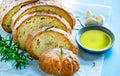 Slices of bread with rosemary, garlic and olive oil.