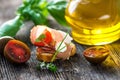 Slices of Bread with Spanish Serrano Ham Served as Tapas. Appetizer. Prosciutto Royalty Free Stock Photo