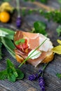 Slices of Bread with Spanish Serrano Ham Served as Tapas. Appetizer. Prosciutto Royalty Free Stock Photo