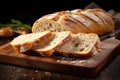 Slices of bread on a wooden cutting board. Dark background, Ciabatta bread sliced on a board, AI Generated