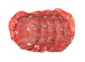 Slices of Bresaola della Valtellina, bottom sirloin cut, on white background. Royalty Free Stock Photo