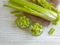 Slices of celery on wooden freshness diet veggie background cooking veggie