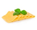 Slices of cheese with fresh basil leaves close-up isolated on a white background. Royalty Free Stock Photo