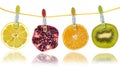Slices of citrus fruits hanging on a string