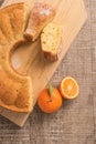 Slices of clementine cake with powdered sugar topping. Cake on a Royalty Free Stock Photo