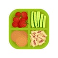 Slices of cucumber, red tomatoes, cookies and pasta with meat in green lunch box, top view. Food theme. Flat vector Royalty Free Stock Photo