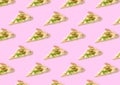 Slices of delicious cheese pizzas on light pink background. Seamless pattern design