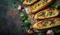 Slices of delicious garlic bread on rustic background Royalty Free Stock Photo