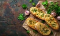 Slices of delicious garlic bread on rustic background Royalty Free Stock Photo