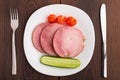 Slices of delicious ham on plate Royalty Free Stock Photo