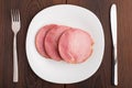 Slices of delicious ham on plate Royalty Free Stock Photo