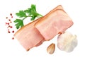 Slices of delicious smoked bacon with parsley, peppercorns and garlic on white background, top view Royalty Free Stock Photo