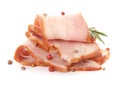 Slices of delicious smoked bacon with rosemary and peppercorns on white background Royalty Free Stock Photo
