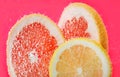 Slices of different citrus fruits in sparkling water on pink background, closeup Royalty Free Stock Photo