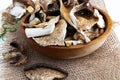 slices of different dried mushrooms in a wooden bowl as gourmet food ingredients, Vegetable organic protein trend food