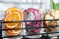 Slices of dried fruit. Orange, Dragon fruit and pineapple. Natural organic vegetarian food. Healthy snack Royalty Free Stock Photo