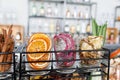 Slices of dried fruit. Orange, Dragon fruit and pineapple. Natural organic vegetarian food. Healthy snack Royalty Free Stock Photo