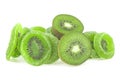 Slices of dried kiwi and fresh kiwi fruit isolated on white background. Dried candied kiwi fruit slices Royalty Free Stock Photo