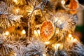 Slices of dried oranges decorate the Christmas tree, close-up Royalty Free Stock Photo