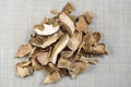 Slices of dry mushrooms Boletus edulis on the table. Top view. Ingredient of gourmet dishes