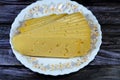 Slices of Egyptian Rumi cheese, also called gebna romiya or gebna turkiya, Roumi, Romi also Romy, middle Eastern parmesan hard