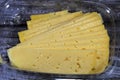 Slices of Egyptian Rumi cheese, also called gebna romiya or gebna turkiya, Roumi, Romi also Romy, middle Eastern parmesan hard