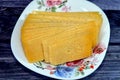 Slices of Egyptian Rumi cheese, also called gebna romiya or gebna turkiya, Roumi, Romi also Romy, middle Eastern parmesan hard